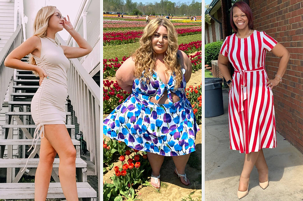 three panels showing reviewer wearing a tan bodycon dress with a drawstring hem, a model wearing a blue and purple petal-printed dress with a front keyhole cutout, and a reviewer wearing a red and white midi dress with a sash-tie belt