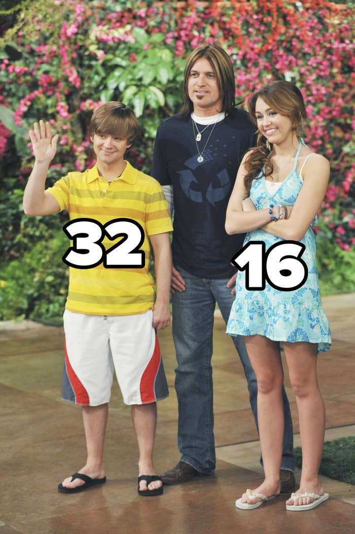Jackson, Robbie, and Miley standing together, with Jackson labeled 32 and Miley labeled 16
