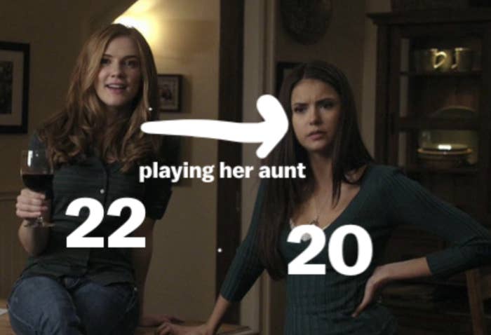 arrow from Jenna to Elena on The Vampire Diaries, saying Jenna plays her aunt, even though she&#x27;s 22 while the actor playing Elena is 20