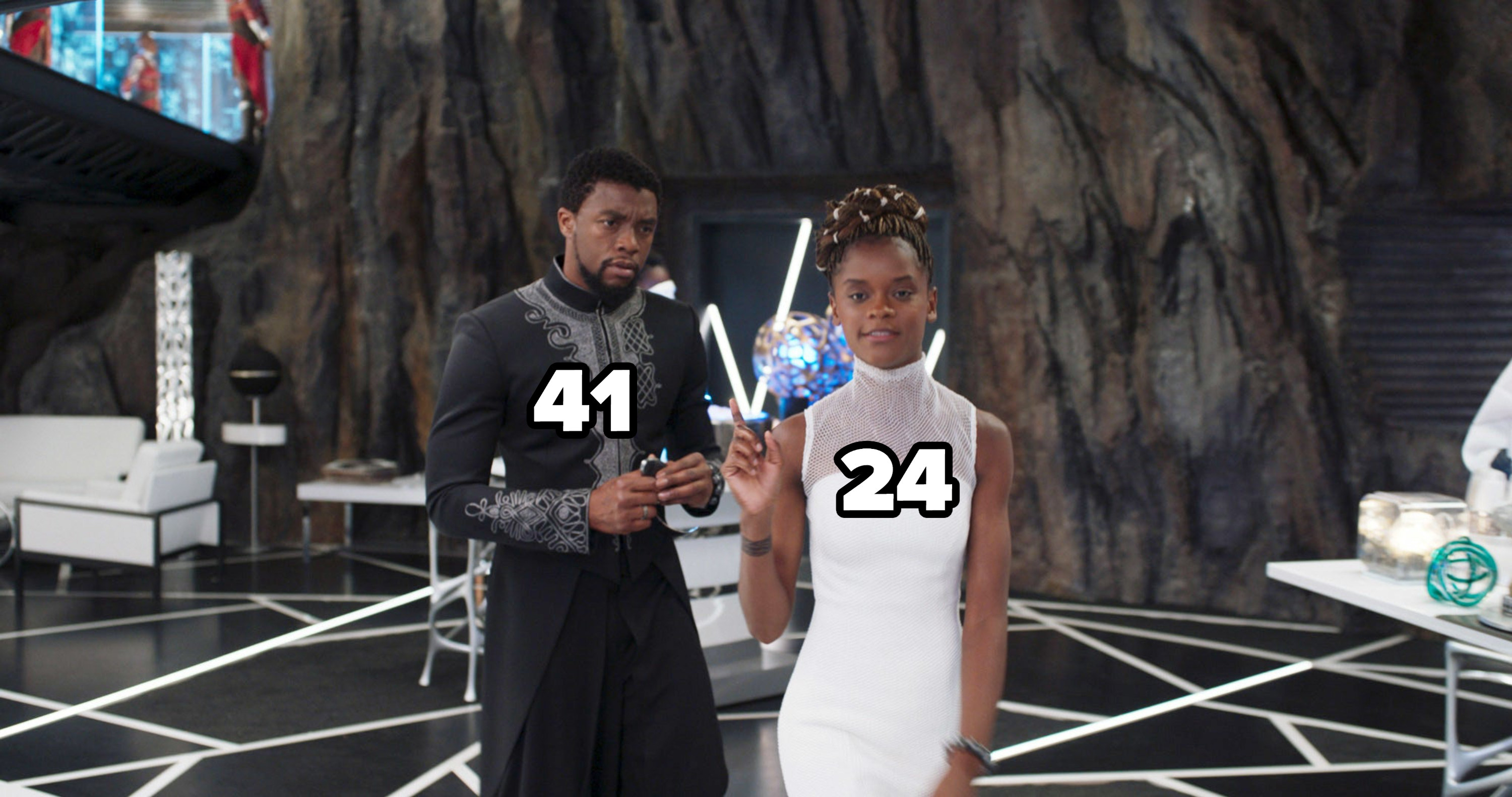 T&#x27;Challa and Shuri in her lab, with T&#x27;Challa labeled 41 and Shuri la beled 24