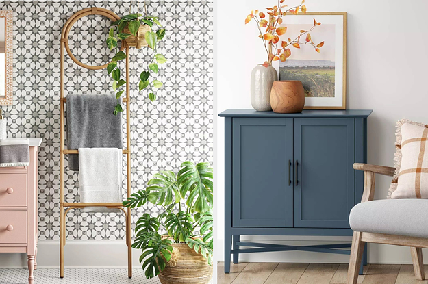 A split photo of a rattan towel rack and a blue console