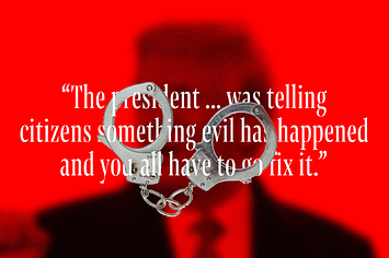 Text that reads "The president ... was telling citizens something evil has happened and you all have to go fix it" intertwined with handcuffs