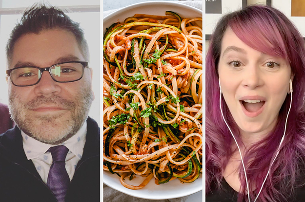 On the left, Patrick Hinds, in the middle, some pasta with marinara sauce, and on the right, Gillian Pensavalle