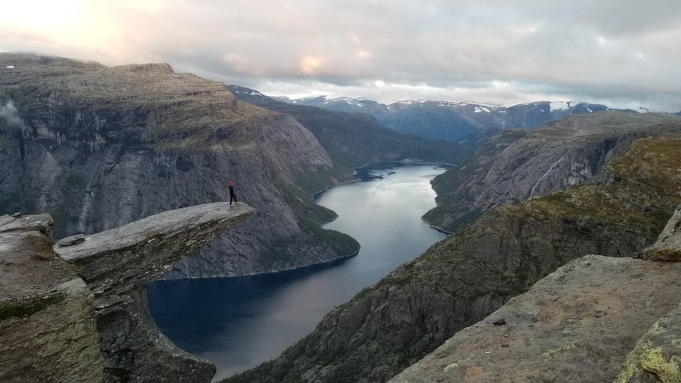 Rock formations and a lake in Trolltunga, Norway