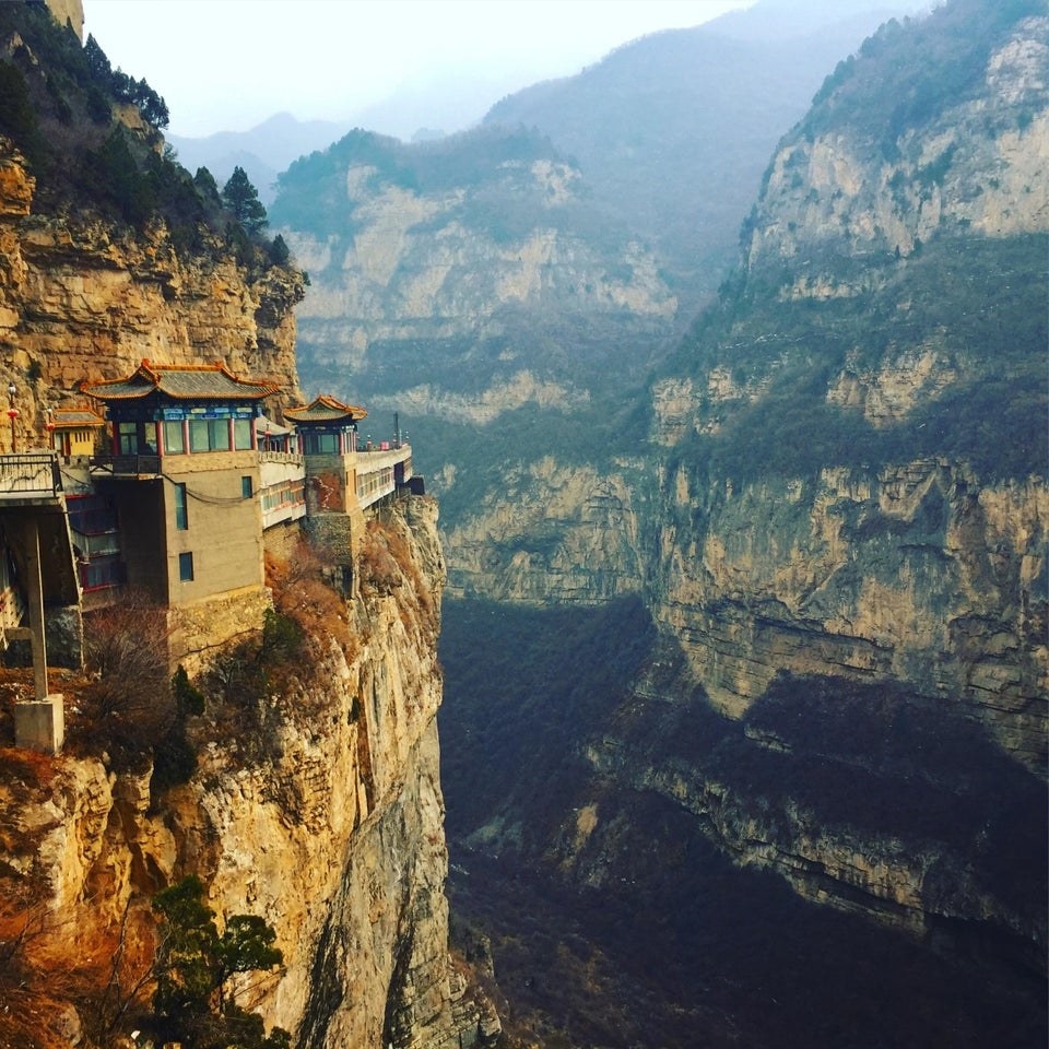 Temples built into the cliffs of Mianshan in Shanxi, China