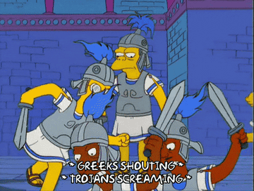 The Greeks and Trojan soldiers fighting and screaming in The Simpsons