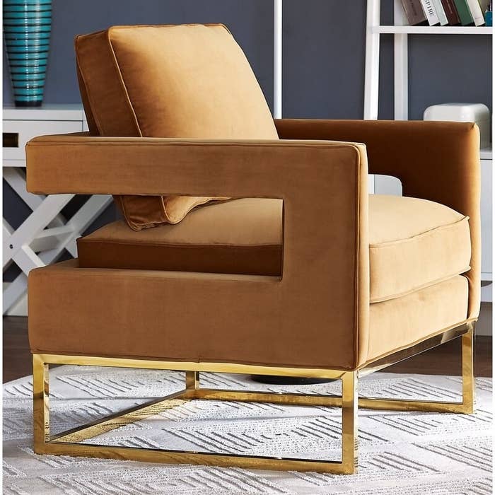 Geometric mustard yellow armchair with rectangular shaped legs