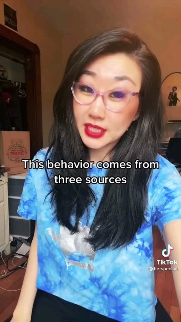 A screencap from the TikTok with the caption, "This behavior comes from three sources"