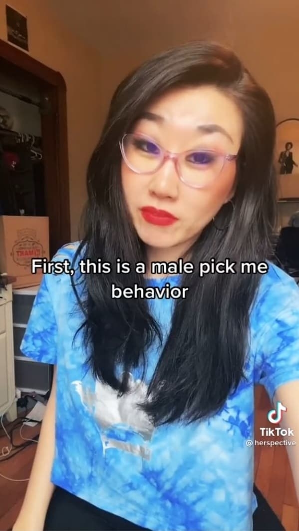 A screencap from the TikTok with the caption, &quot;First, this is a male pick me behavior&quot;