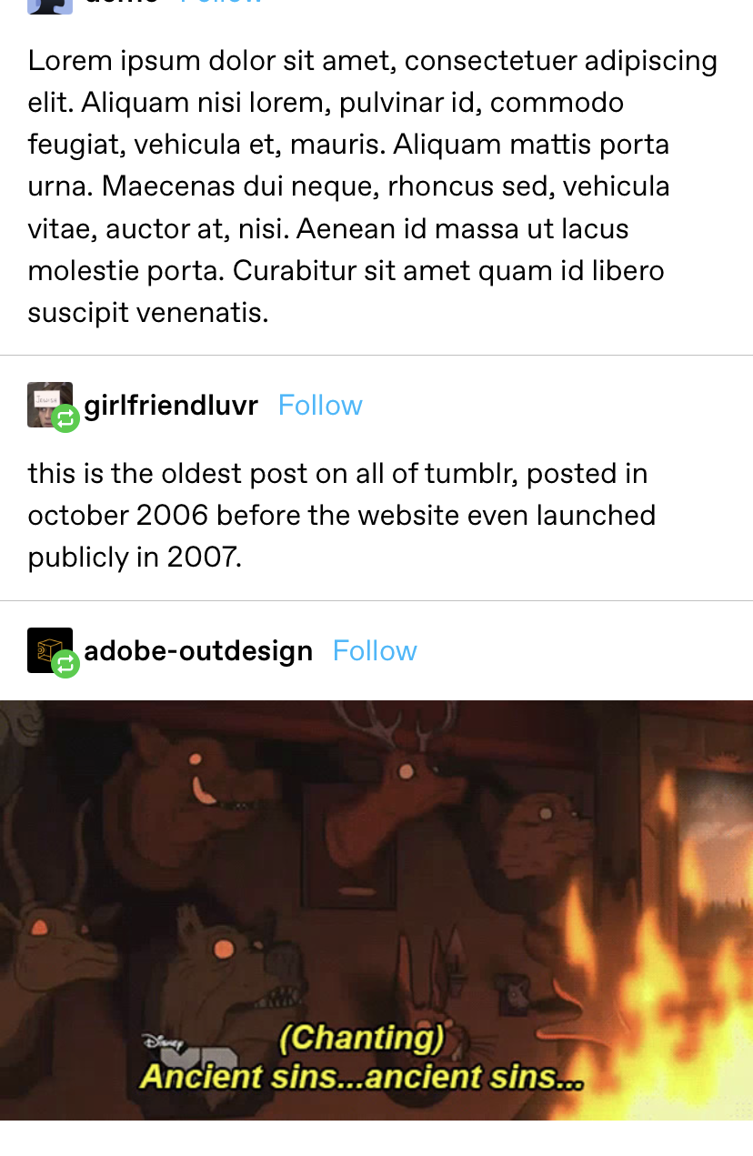 lorem ipsum demo post that was the first post on tumblr, and a reaction image where creatures chant &quot;ancient sins&quot;