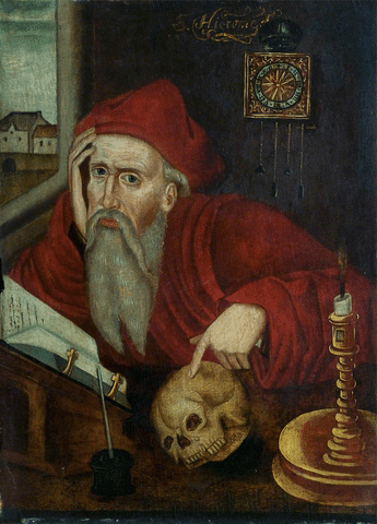 A renaissance-era painting of a person playing with a skull