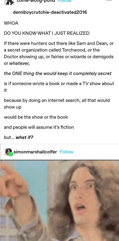 someone pointing out that a way to guarantee keeping magic things like doctors or wizards a secret would be to write stories about them so in google searches just the stories would pop up