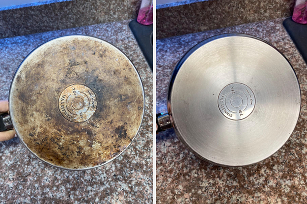 burnt on bottom of stovetop pan, then it looking new thanks to Bar keepers Friend