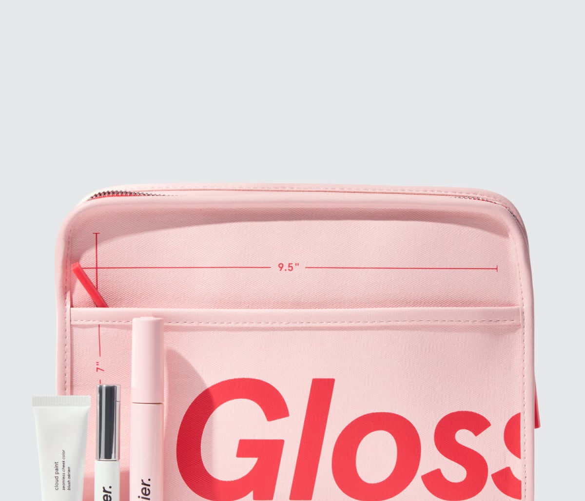 The pink and red makeup bag and beauty products