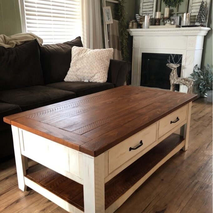 A reviewer&#x27;s white farmhouse-style coffee table