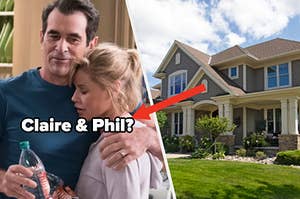 Julie Bowen as Claire Dunphy and Ty Burrell as Phil Dunphy in the show "Modern Family" and a two story colonial house with pillars standing on the front porch.