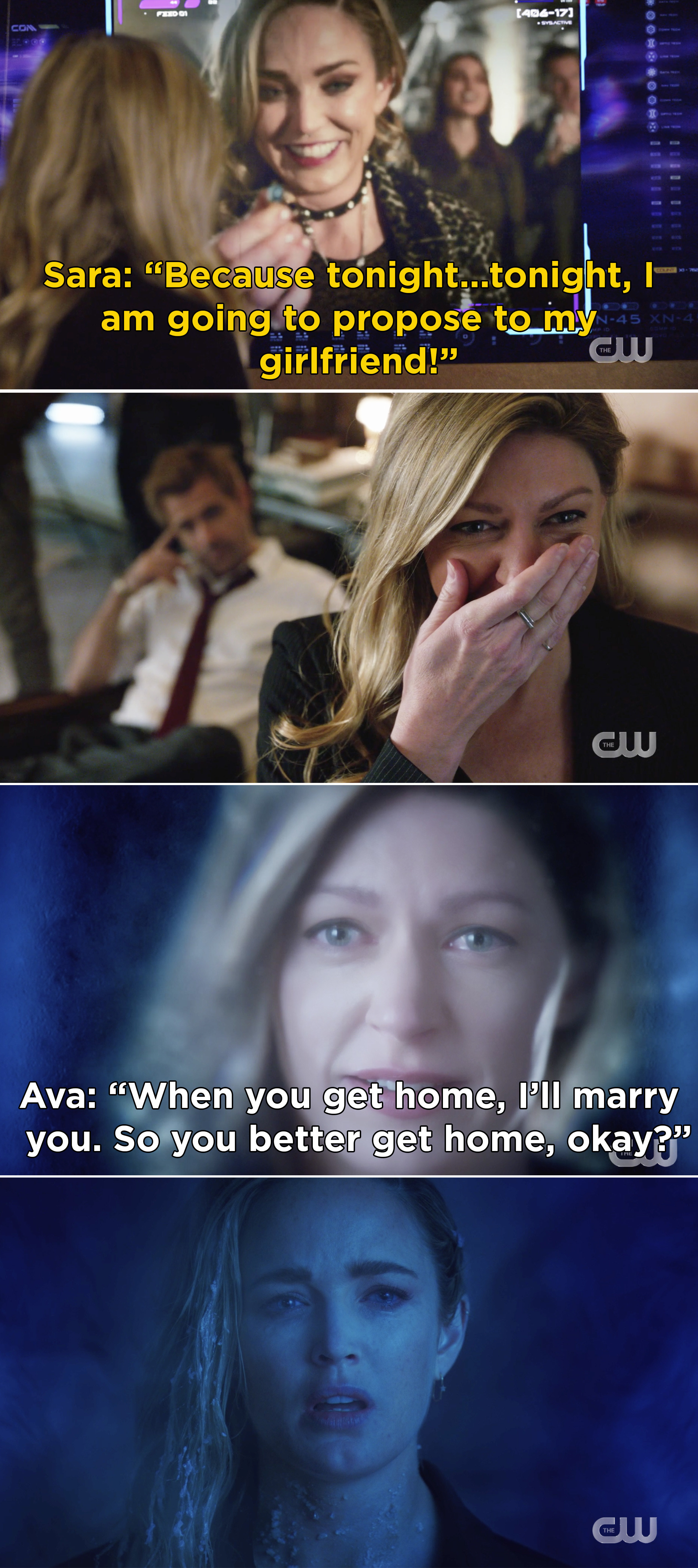 Sara saying she wants to propose to Ava in a video message, then Ava telling Sara she will marry her when she gets home