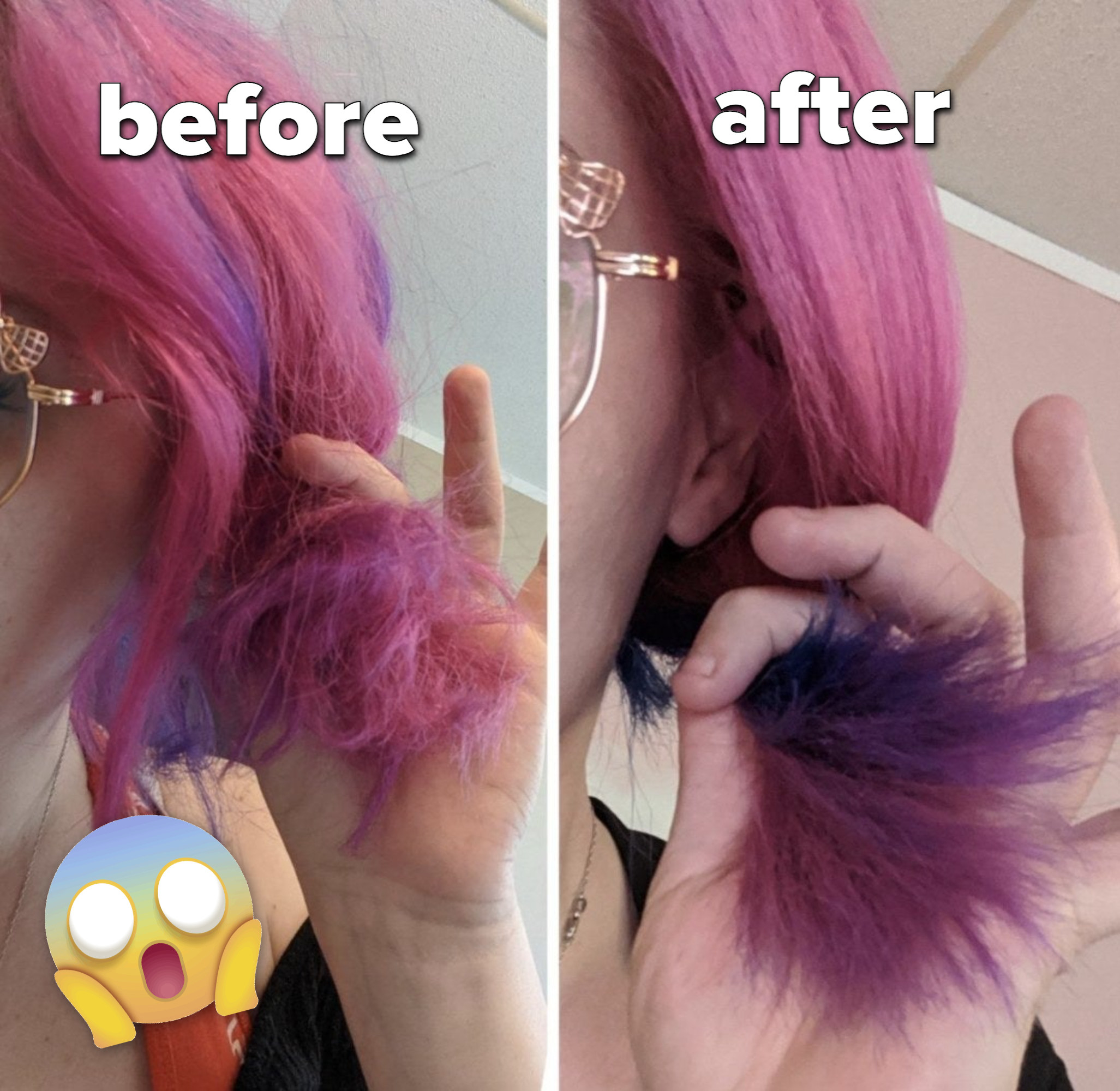 A before and after of pink hair using Olaplex