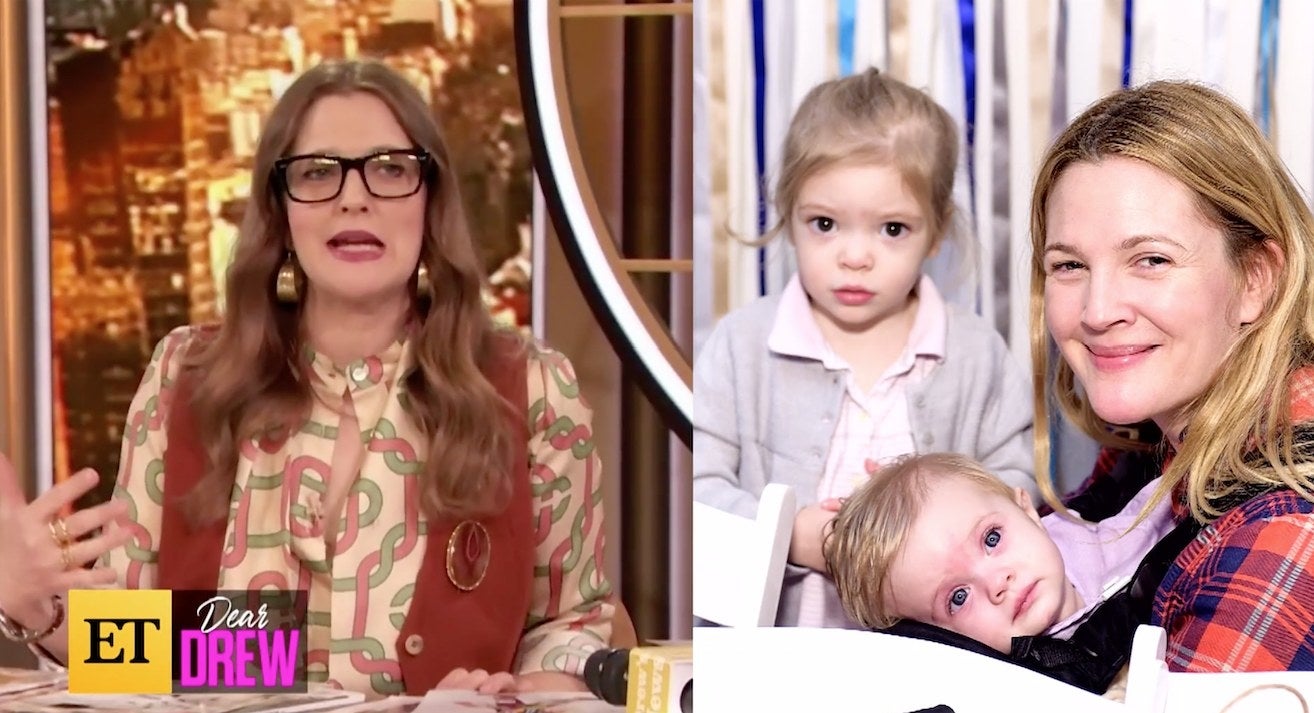 Drew Barrymore on &quot;Dear Drew,&quot; next to a picture of Drew and her two daughters