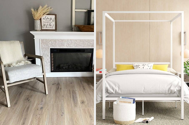 a reviewer's white electric fireplace and a white canopy bed