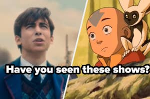Aidan Gallagher as Five Hargreeves in the show "The Umbrella Academy" and Aang the air bender from "Avatar: The Last Airbender."