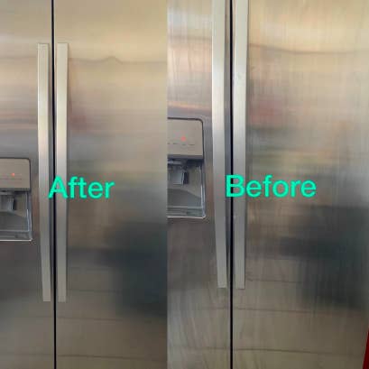 Reviewer's refrigerator after use with no streaks and before use with fingerprints, cleaning streaks, and a dusty look
