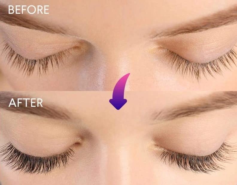 A before and after of eyelashes where the after shows noticeably longer and thicker lashes