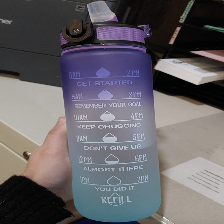 time marked purple and blue ombre water bottle with encouraging phrases on the time markers