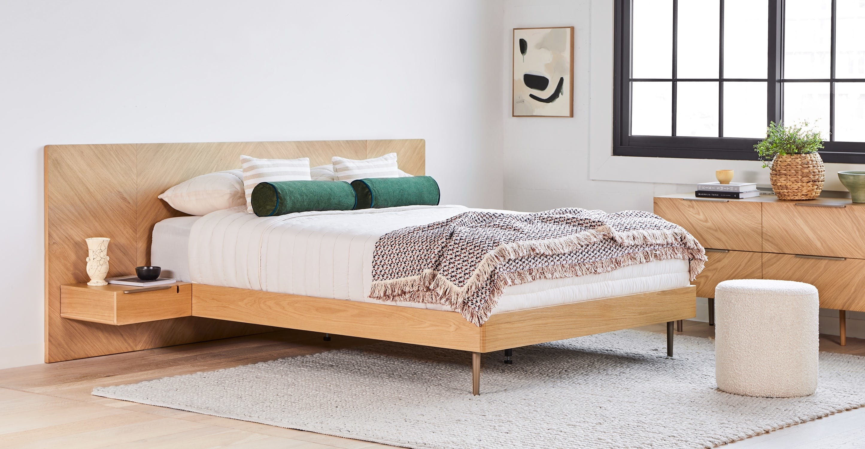the oak bed frame with built-in floating end tables