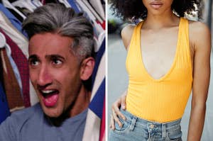 On the left, Tan France opening his mouth wide in horror on an episode of "Queer Eye," and on the right, someone posing while wearing a body suit with a deep v and high-rise jeans