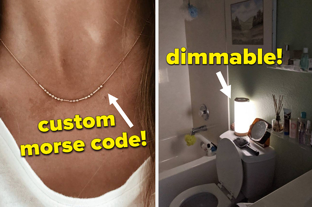 A split thumbnail of a necklace and a bathroom
