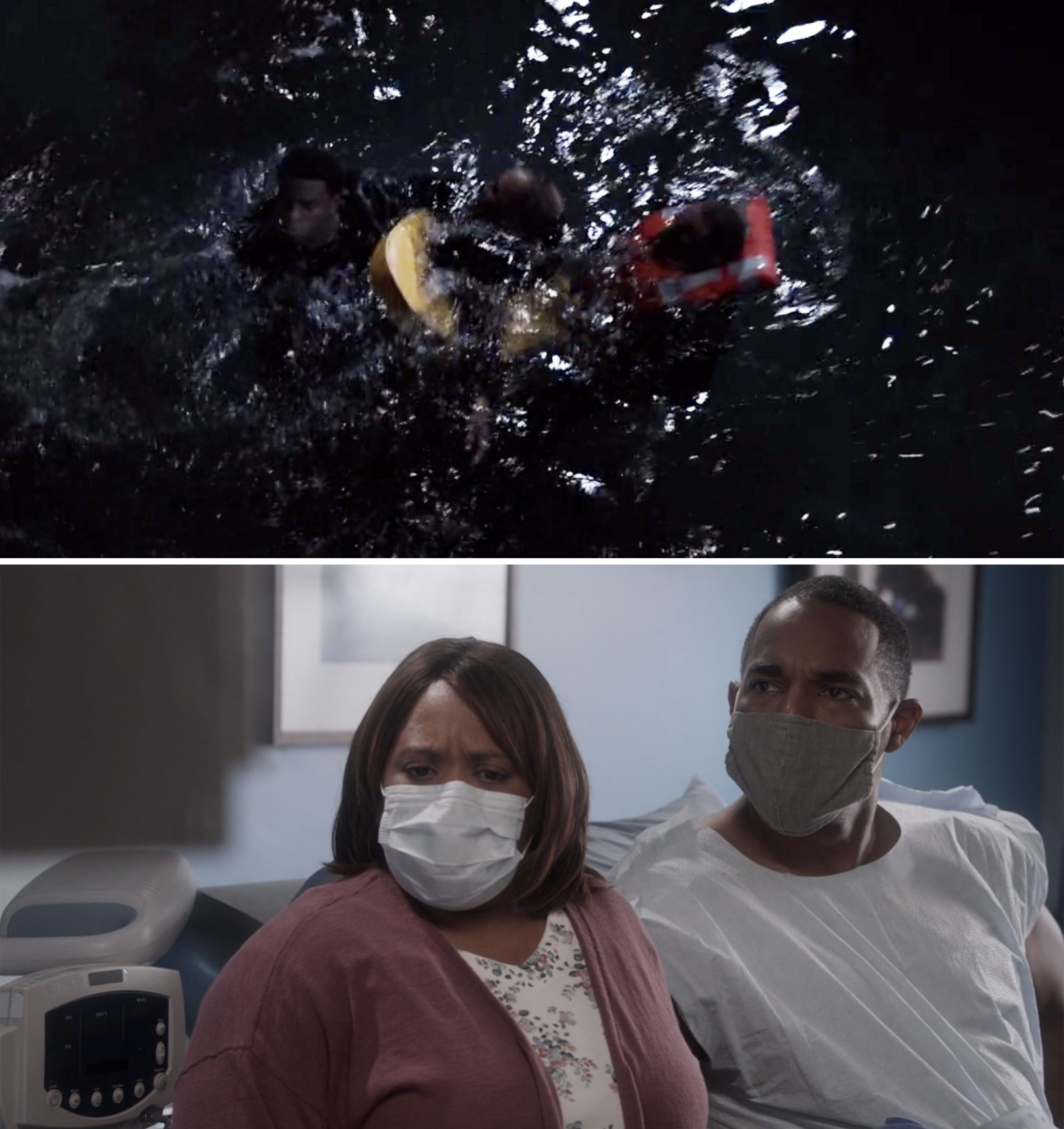 Miller and Ben trying to stay alive in the ocean, and Bailey and Ben in a hospital