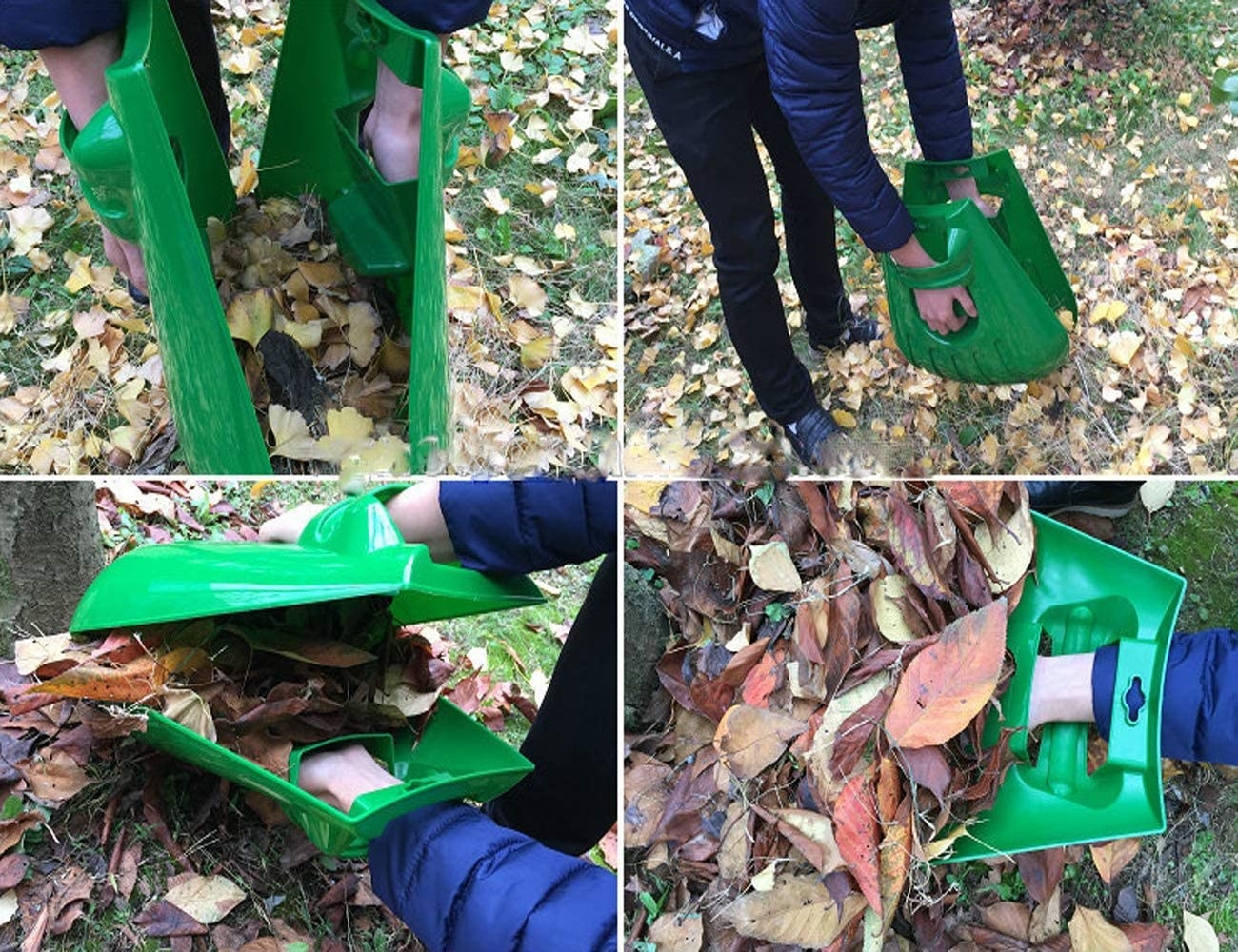 a person using the large plastic grabbers over their hands to pick up leaves
