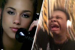 A close up shot of singer Alicia Keys while she talks on a landline phone and a young teen screams as he listens to music.