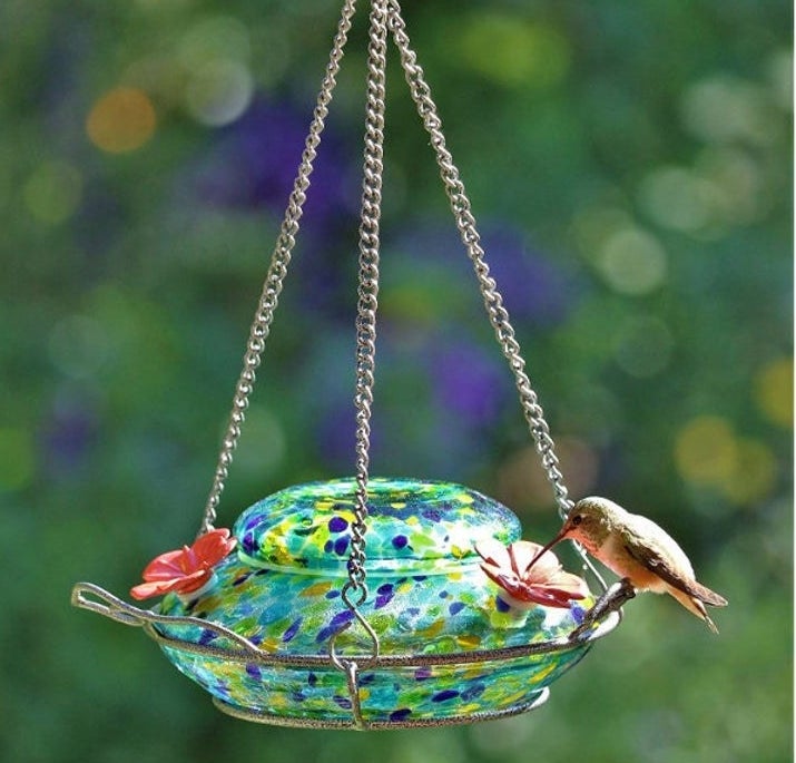 a hummingbird perched on the fake flower attached to the colorful glass feeder