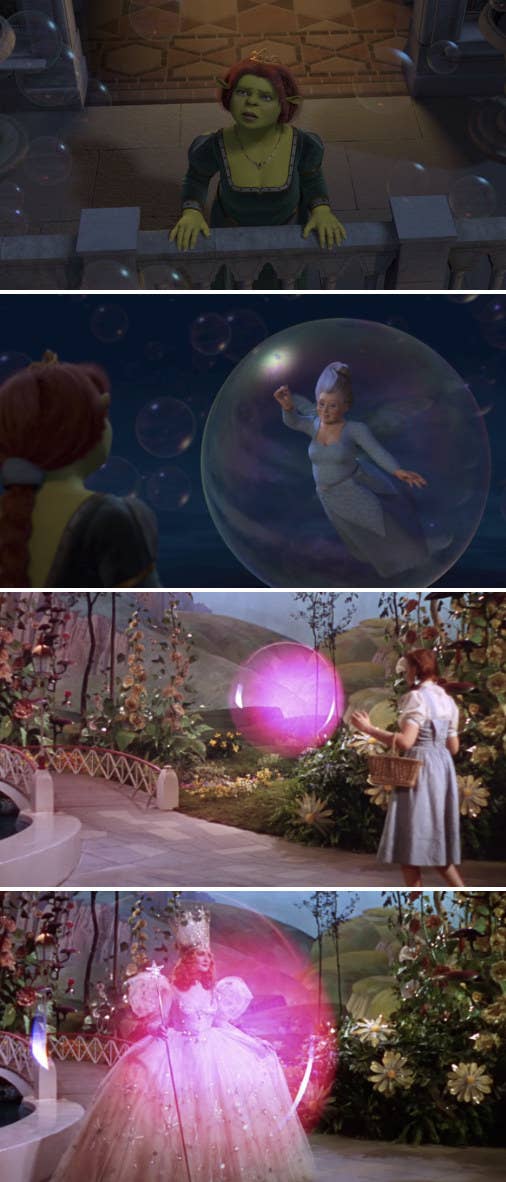 Fiona being greeted by Fairy Godmother in a bubble on her balcony; Dorothy being greeted by Glinda the Good Witch in a pink bubble in Oz