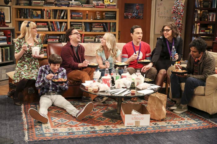 The entire cast sits in Sheldon&#x27;s apartment while eating dinner