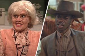 On the left, Kate McKinnon dressed up like an old lady in an "SNL" sketch, and on the right, Lil Nas X in the "Old Town Road" music video