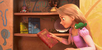 rapunzel picks books up off a shelf