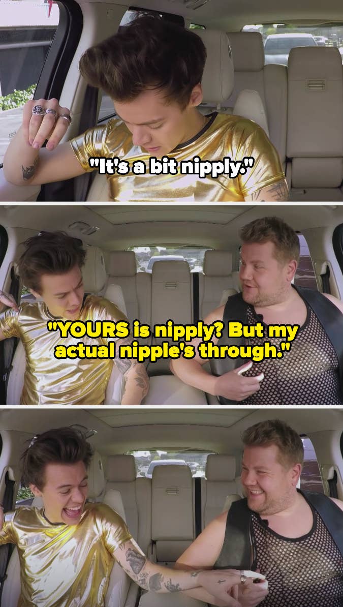 James Corden and Harry discuss how &quot;nipply&quot; their shirts are on Carpool Karaoke