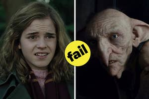 hermione on the left making a skeptical face and kreacher on the right with a fail badge between them