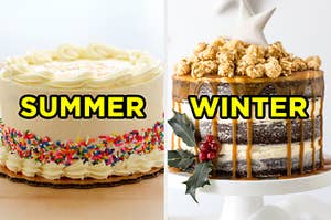 On the left, a vanilla cake with sprinkles on the bottom half labeled "summer," and on the right, a chocolate layer cake with vanilla frosting in between and a caramel drizzle and caramel corn on top labeled "winter"