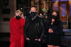 Miley Cyrus, Elon Musk, and Cecily Strong on Saturday Night Live