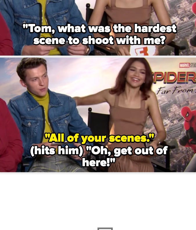 Zendaya asks about Tom&#x27;s hardest scene to shoot with her, and he jokes &quot;all of your scenes&quot;