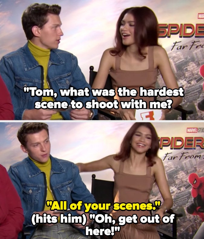 Zendaya asks about Tom's hardest scene to shoot with her, and he jokes "all of your scenes"