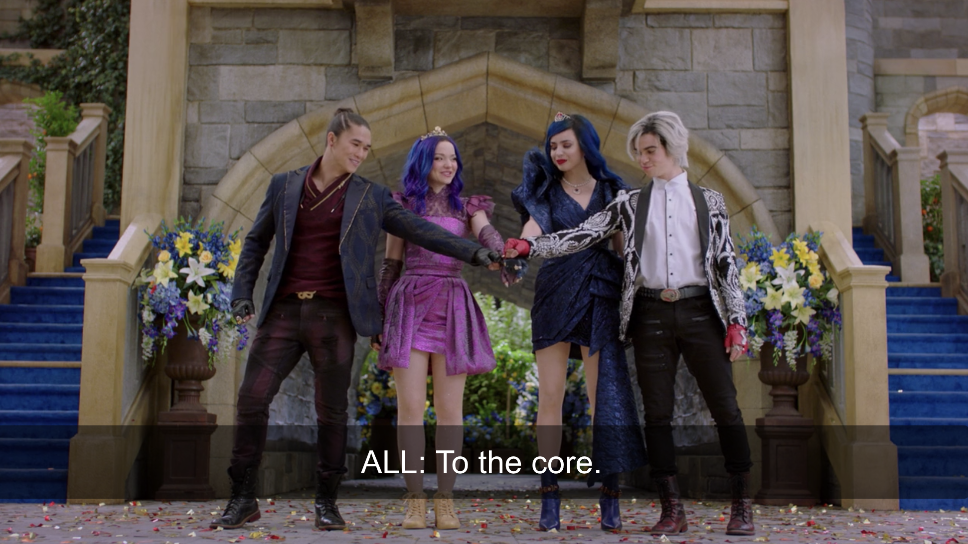 BooBoo Stewart, Dove Cameron, Sofia Carson, and Cameron Boyce on the set of Descendants 3