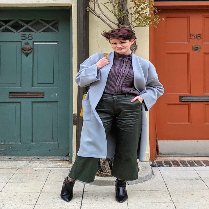 a BuzzFeed writer wearing a light blue cardicoat from Leze the label 