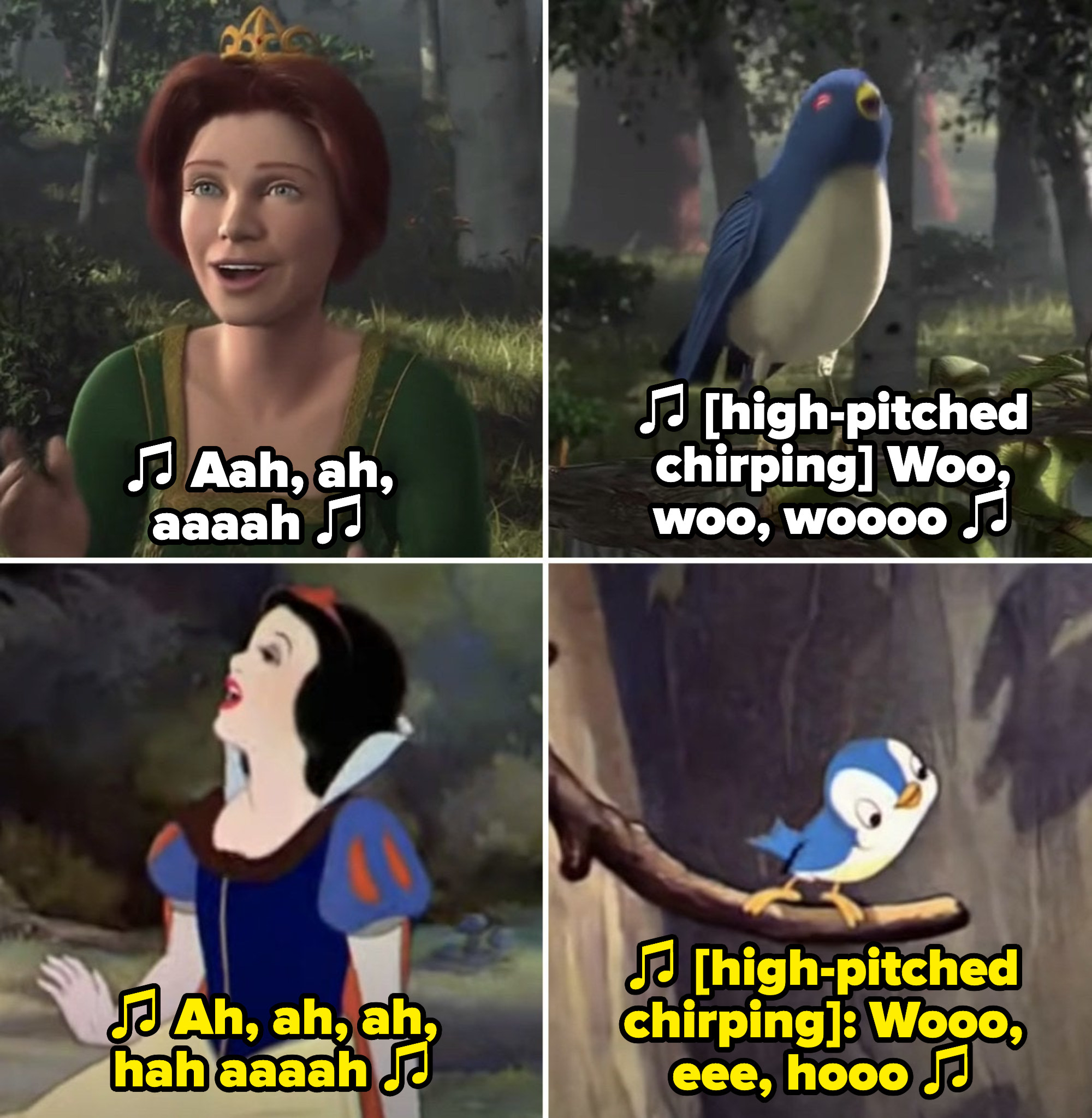 菲奥娜在树林里对着一只蓝鸟唱歌;白雪公主在树林里对着一只蓝色的小鸟唱歌
