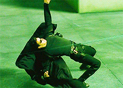 Neo from &quot;The Matrix&quot; leaning so far back to dodge bullets