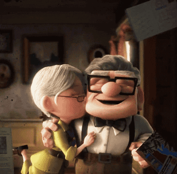 Old couple from Up movie kissing on cheek